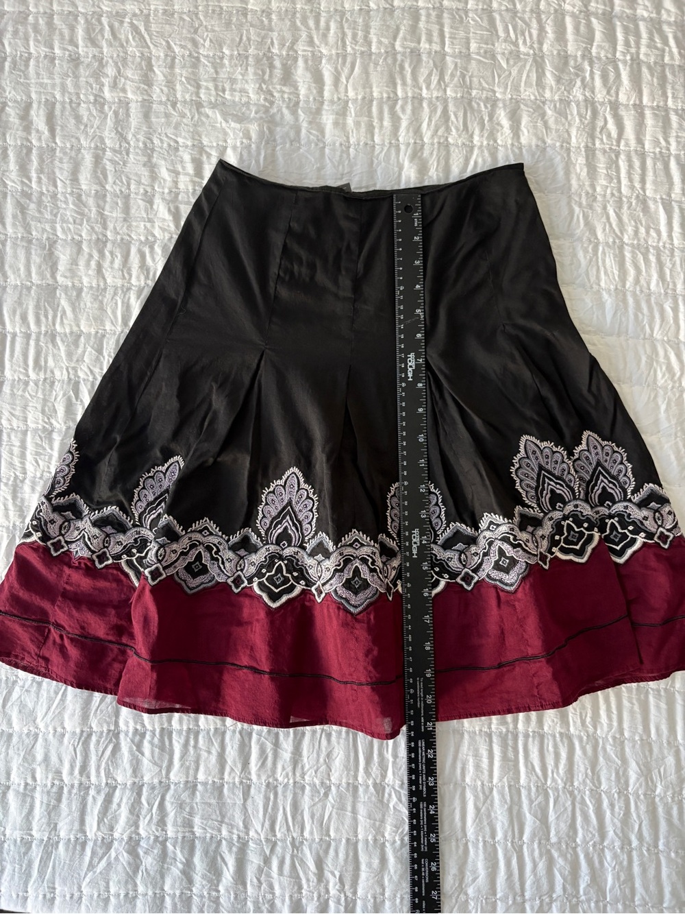 Ann Taylor Black A-Line Skirt with Burgundy Hem and Embroidered Border